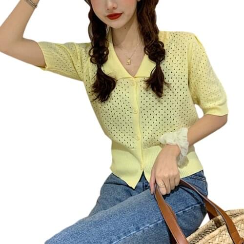 Womens Button Down Knitted Tops, Sexy Short Sleeve Lapel V Neck Hollow Out T-Shirts