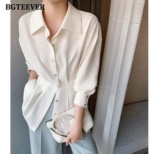 BGTEEVER Stylish Chic Turn-down Collar Women Chiffon Shirts Elegant Single-breasted Slim Waist Female Solid Blouses Tops 2021