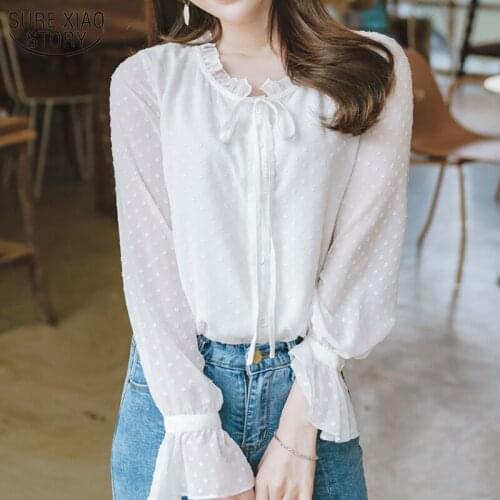 Polka Dot Chiffon Shirts Women Korean Style Blusas Stand Collar Spring New Female Sweet Shirts Long Sleeve Women Blouse 10418