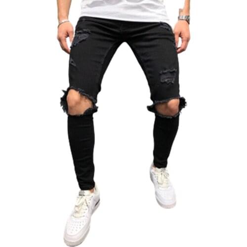 New Men Denim Male Black Pencil Pants Jean Hole Jeans Casual Stretch Skinny Trousers Homme Slim Biker Outwears Summer Hip Hop