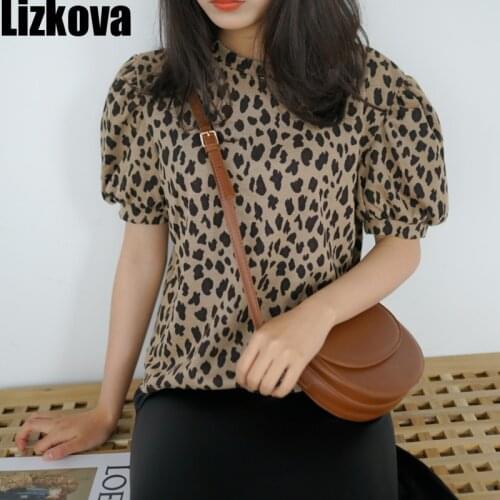 Lizkova Spring Leopard Print T Shirts Women Puff Sleeve Vintage Top Mujer 2021 Harajuku O-neck Casual Femme T-shirts TS6637