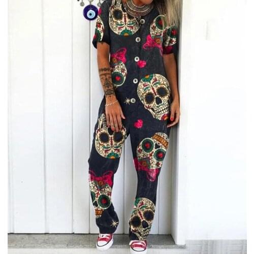 Elegant cotton jumpsuit women 2021 summer deep V-neck new fashion printed skull jumpsuit shirt overalls short sleeve office ladi