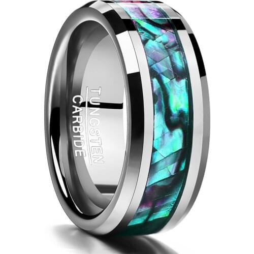 Fine jewelry 8MM inlaid abalone shell beveled steel tungsten carbide ring Wedding Jewelry US size 7 8 9 10 11 12 Valentine gift
