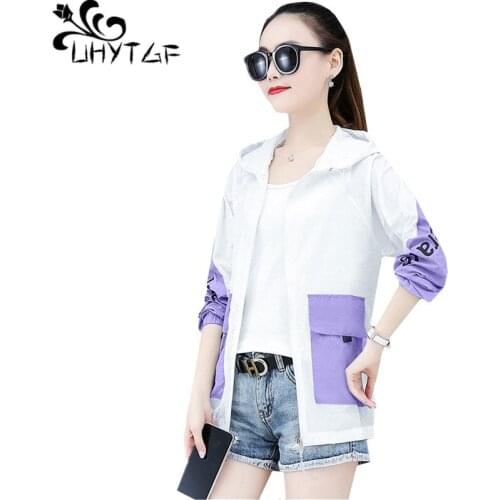 UHYTGF New Summer Jacket Womens Fashion Hooded Outdoor Thin Sun Protection Clothing Casual Short 3XL Plus Size Tops Coat 1187