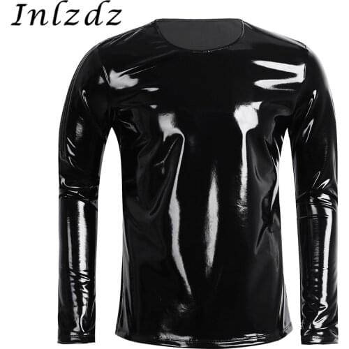 Mens Latex T-shirt Patent Leather Long Sleeve Zipper T-shirt Clubwear Style Metallic Shiny Hip Hop Pullover T-Shirt Costume Top