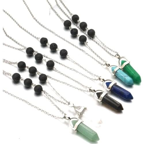 New Aromatherapy Essential Oil Perfume Diffuser Black Lava Stone Beads Charms Hexagon Prism Pendant Necklace Jewelry Women