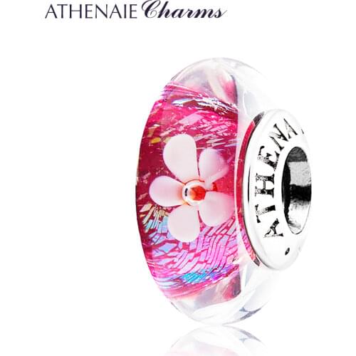 ATHENAIE Genuine Murano Glass Bead 925 Silver Core Rose Red Shimmer Petal Charm Fit European DIY Bracelets Gift for Mothers Day