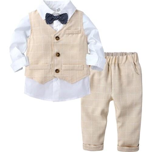 Autumn Children Boys Sets Classic lattice Kid Boys Clothes Sets 3Pcs vest + white bowtie Shirt + Pants Toddler Clothes Suit M30