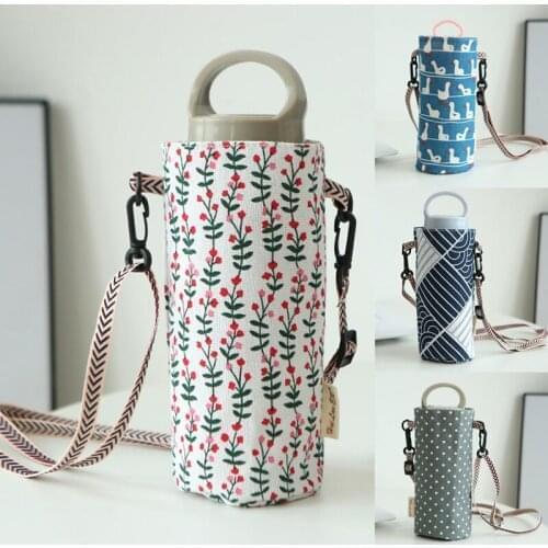 Portable Anti-Hot Water Bottle Bag Cotton Linen Lining Water Bottle Holder Drinking Cup Hanging Bag Carrier Travel Cup Sleeve