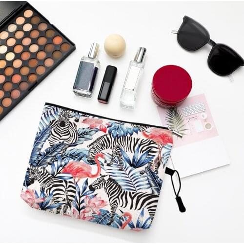 Tropical Plant Birds Zebra Print Portable Women Cosmetic Bag Multifunction Travel Toiletry Storage Organize Makeup Pouch Kit