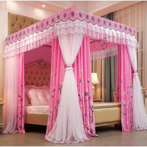 Luxury Red Green Pink Two Floors Three Doors Square Floor-standing Shading Princess Lace Bed Mantle Mosquito Net Room Decoration