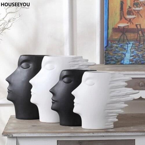 Modern Minimalist White Black Flower Vases Home Accessories Decorative Vases Abstract Human Head Crafts Ornament for Living Room