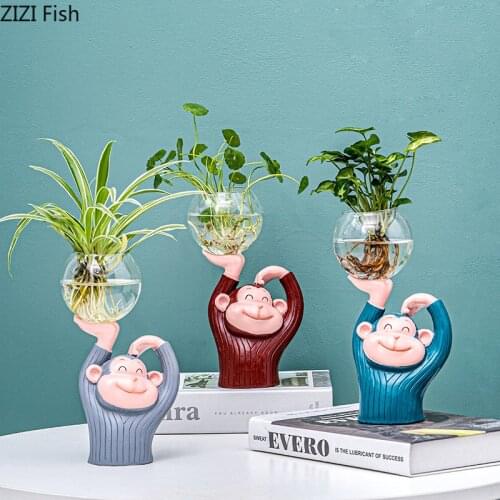 Cartoon Monkey Glass Vase Transparent Hydroponics Vases Flower Pots Decorative Resin Animal Ornaments Home Decoration Modern