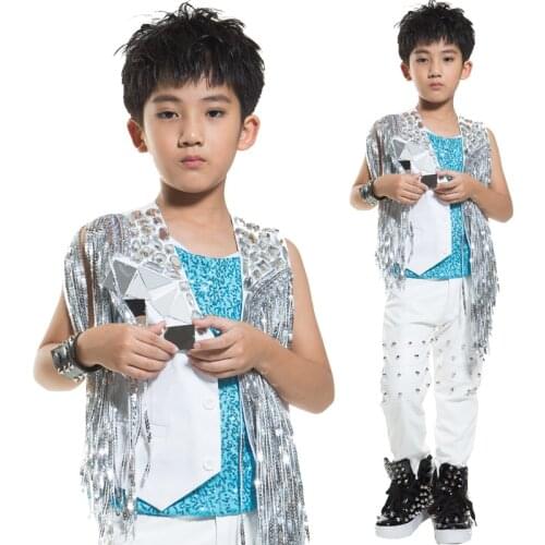 Boys Hip Hop Dance Costumes Silver Tassel Vest Coat Jacket Children Stage Performance Clothing Kids Jazz Rave Outfit DNV12480