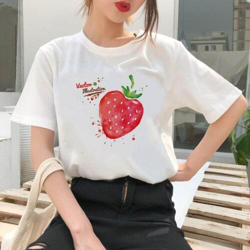 Womens T-shirt cute strawberry apple funny printed T-shirt fashion casual white T-shirt ladies summer casual T-shirt
