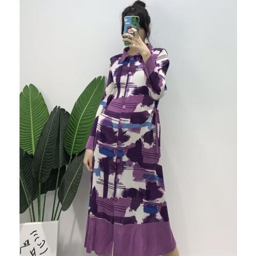 2021 Spring New Miyake Pleated dress Vintage Women dress button plus size turn-down Collar dress with belt designer clothes
