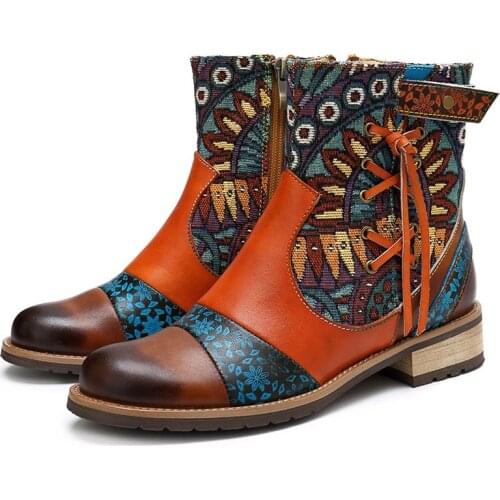 Bohemian Low Heel Vintage Patchwork Womens Ankle Boots Cowboy Ankle Boots Western PU Floral Print Boots