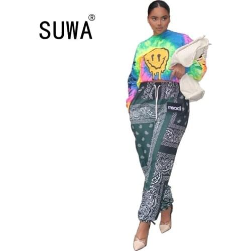 Women Fashion Pattern Print Patchwork Pants Autumn Elastic Waist Pocket Harajuku Sport Trouser Casual Streetwear Sweatpant