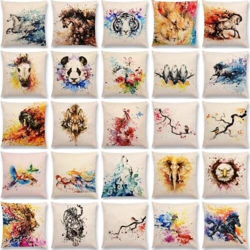Watercolor Animals Cushion Cover Lion Horse tiger owl wolf Rabbit Panda Prints Sofa Pillowcase Linen Cushion Cover Home Decor