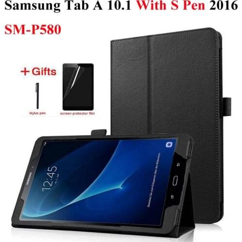 Litchi Folio PU Leather case For Samsung Galaxy Tab A 6 A6 10.1 P580 P585 with S-Pen version Protective Tablet case+Pen+Film