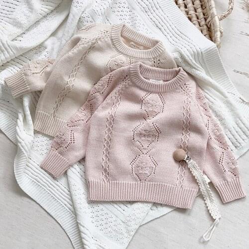 Korean Style Kids Knitting Pullover Tops Hollowed Out Solid Color Long Sleeve Pullover Autumn Spring Baby Girls Sweaters