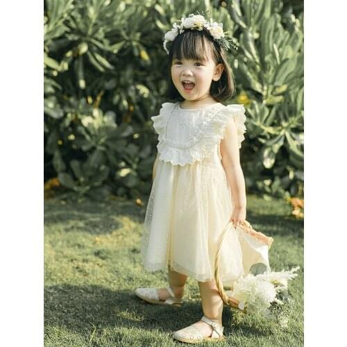 Girls' Little Flying Sleeve Princess Clothes Childrens Summer New Foreign Style Sweet Hollow Lace Fairy Dress