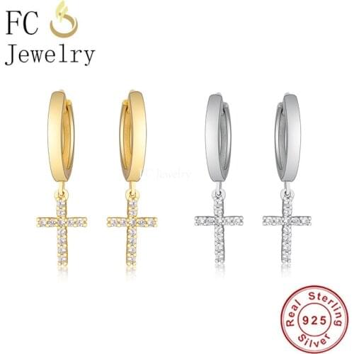 FC Jewelry 925 Silver Punk Style Small Golden Cross Pendant Hoop Earring For Pendientes Young Girls Teen Gift Boucle 2020 NEW
