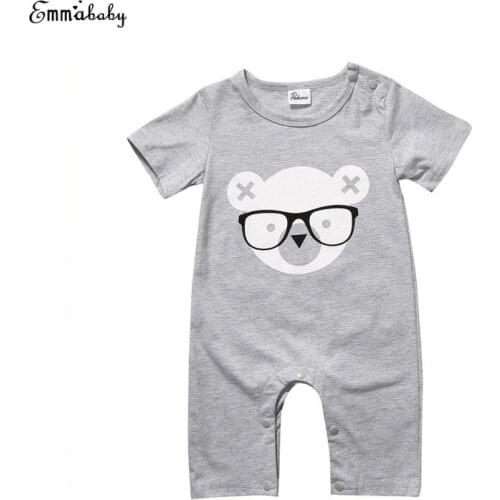 Newborn Baby Boy Girls Short Sleeve O-Neck Covered Button Bear Animal Print Romper Jumpsuit Playsuit Sunsuit Baby Clothes 0-24M
