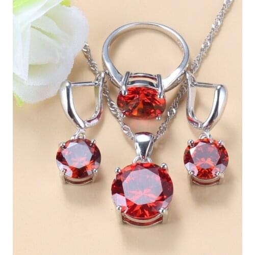 Round Red Garnet Bridal Jewelry Sets For Women Silver 925 Wedding Accessories Zircon Earrings And Necklace Sets