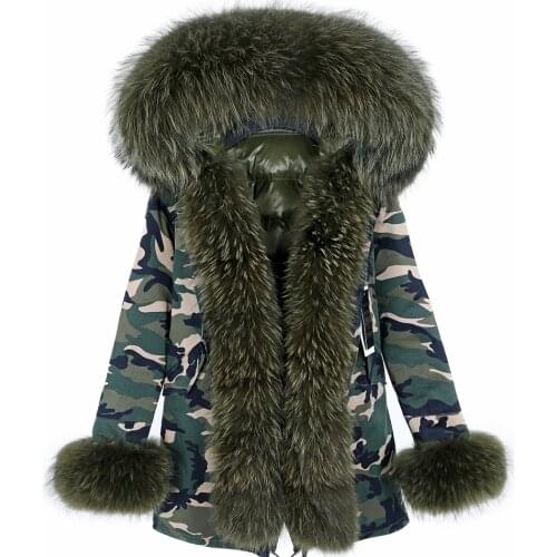 Hooded jacket MaoMaoKong, long camouflage winter jacket with natural raccoon fur, warm coat, down jacket