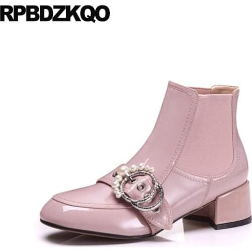 Patent Leather High Heel Pearl Women Booties Suede Shoes Womens Ankle Boots Medium Genuine Sheepskin Pink Ladies Autumn Metal