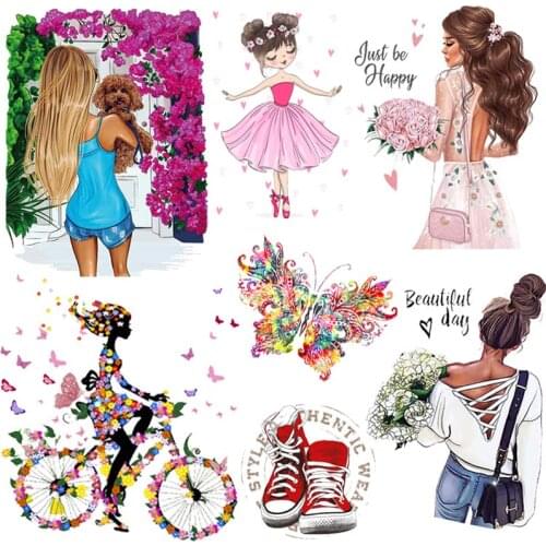 Fashion Girl Heat Applique Thermal Transfer For Clothes Cartoon Butterfly Flower Iron-on transfers For Clothing Stickers Print