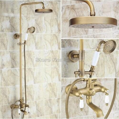 Wall Mounted Bathroom Dual Handles Bathtub Mixer Tap &Antique Brass Rain Shower Faucet Set with Ceramic Handheld Shower Wrs149