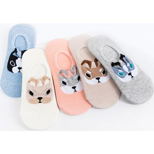 5 Pairs/lot Women No Show Socks Funny Cute Dog Pattern Cotton Solid Color White Pink Non-slip Silicone Thin Breathable 5 Pack
