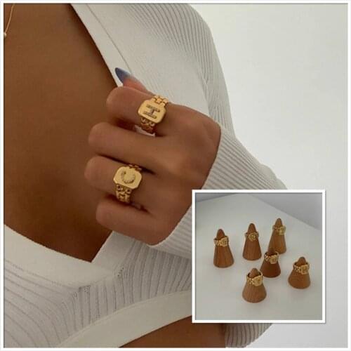 Couple Jewelry Custom CZ Stones A-Z Initial Letters 14k Gold Rings for Women Watchband Resizable Mens Ring Trend Women Jewelry