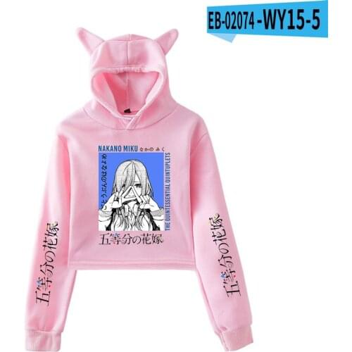 Popular The Quintessential Quintuplets Pink Hoodies Women Kawaii Crop Top Hooded Cat Ear Sweatshirts Spring Comic Girls Pullover