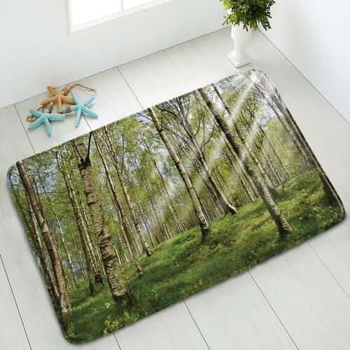 Green Forest Non-Slip Bathroom Mat Natural Scenery Trees Plants Flowers Sunlight Indoor Entrance Doormat Absorbent Home Carpet