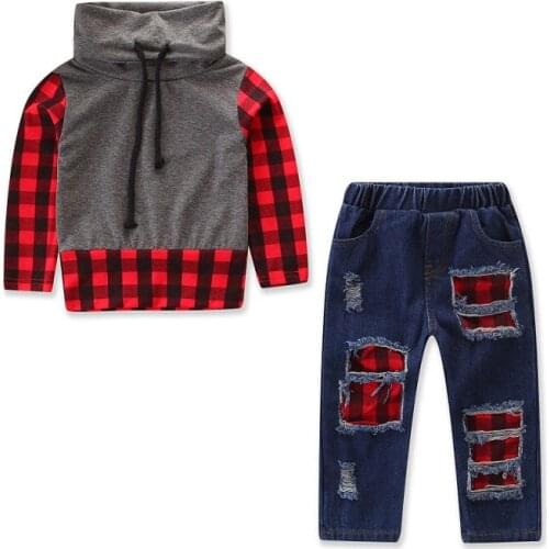 2018 Newly Toddler Baby Boys Autumn Winter Casual Clothes 2PCS Long Sleeve Pullover Turtleneck Plaid Sweatshirt Tops+Denim Pants