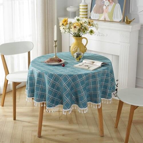 Korean Blue Round Tablecloth Double Striped Plaid Pattern White Tassel Dining Table Cloth Cotton Linen Washable Mantel Mesa