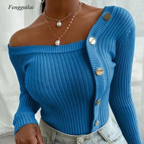 Autumn Knitted Patchwork Sweaters Women Slim Sexy Solid Skew-Collar Button Sweater Female 2020 New Fashion Ladies Pullover Tops