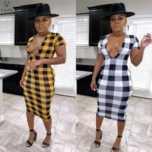 VAZN 2021 Deep V-neck Night Party Shinny Bodycon Slim Plaid Mini Dress Short Sleeve Bandage Energetic Suitable Dress