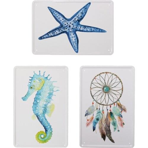 Vintage Metal Tin Sign of Marine Life Seahorse Starfish Feathers Hanging Ornaments Shabby Chic Style for Bar Decoration Kid Gift