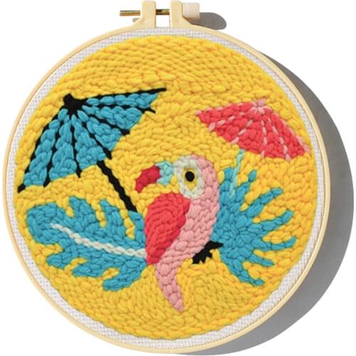 Bird with Umbrella Punch Needle Embroidery Kit Poking Embroidery Material Package Cute Patterns DIY Craft Kits for Adults Kids
