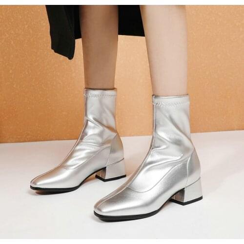 ZawsThia Patent PU Leather Stretch Socks Booties Silver Gold Chunky High Heels Autumn Winter Womans Shoes Fashion Ankle Boots