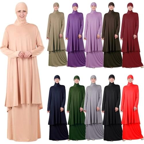Women Muslim Worship Abaya Two Pieces Dress Thobe Gown Hijab Prayer Middle East Robe Islamic Hood Abayas Skirts Praying Clothing
