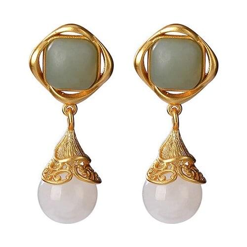 925 sterling silver gold plated Hetian jade Qiemo blue stud earrings graceful personality womens diamond shaped earrings