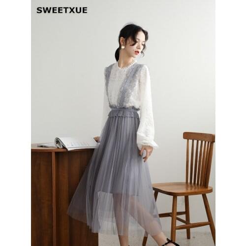 SWEETXUE Spring Skirt Suit Womens Vintage Fairy Lantern Sleeve White Shirt + Lace Screen Yarn Strap Skirt Fashion 2-Piece Set