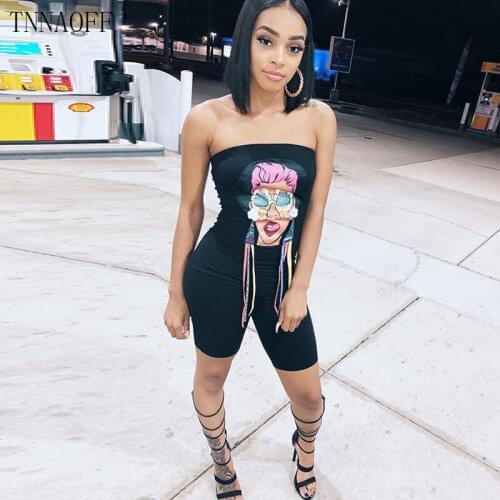 TNNAOFF Aesthetic Trendy Print Off Shoulder Sports Bodycon Playsuit for Women Summer Sexy One Piece Night Club Overalls Rompers
