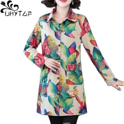 UHYTGF Women Autumn Coat Mid-Length Print Casual Mother Plus Size Windbreaker Female Shirt Style Thin Jacket Casaco Feminin 1485