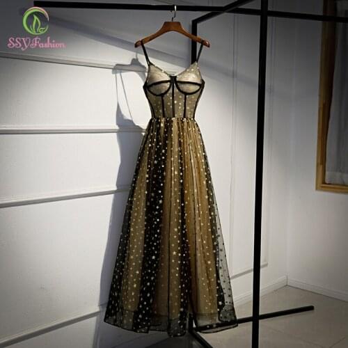 SSYFashion New Black Gold Evening Dress Sexy V-neck Sleeveless Floor-length Star Pattern Long Formal Gown Vestidos De Noche